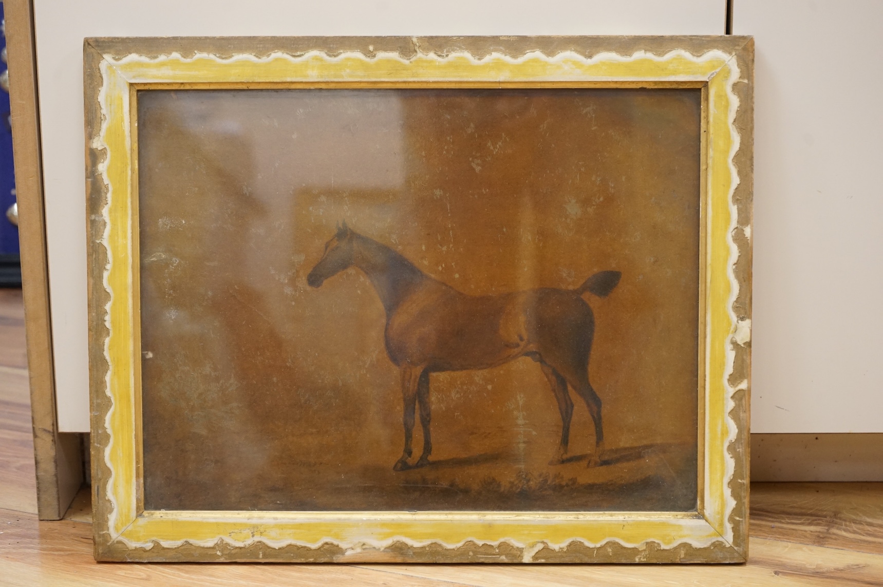 Late 19th century, Studies of horses before landscapes, pair of prints and mixed medias on canvas, 30 x 40cm